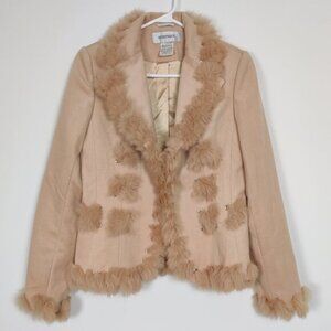 Sportmax Womens Blazer Size 8 Beige Fur Trim Details Wool Cotton Y2K